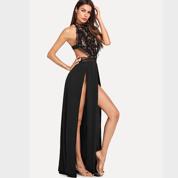 Lace Detail High Slit Halter Neck Black Maxi Dress - Picture 3 of 8